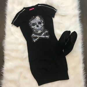 Betsey Johnson Sequins Scull Black Sweater Dress